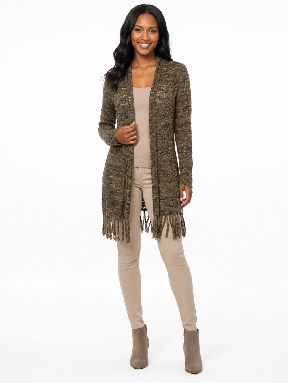 Fringed Open-Knit Women's Sweater Cardigan - Green Size M.
